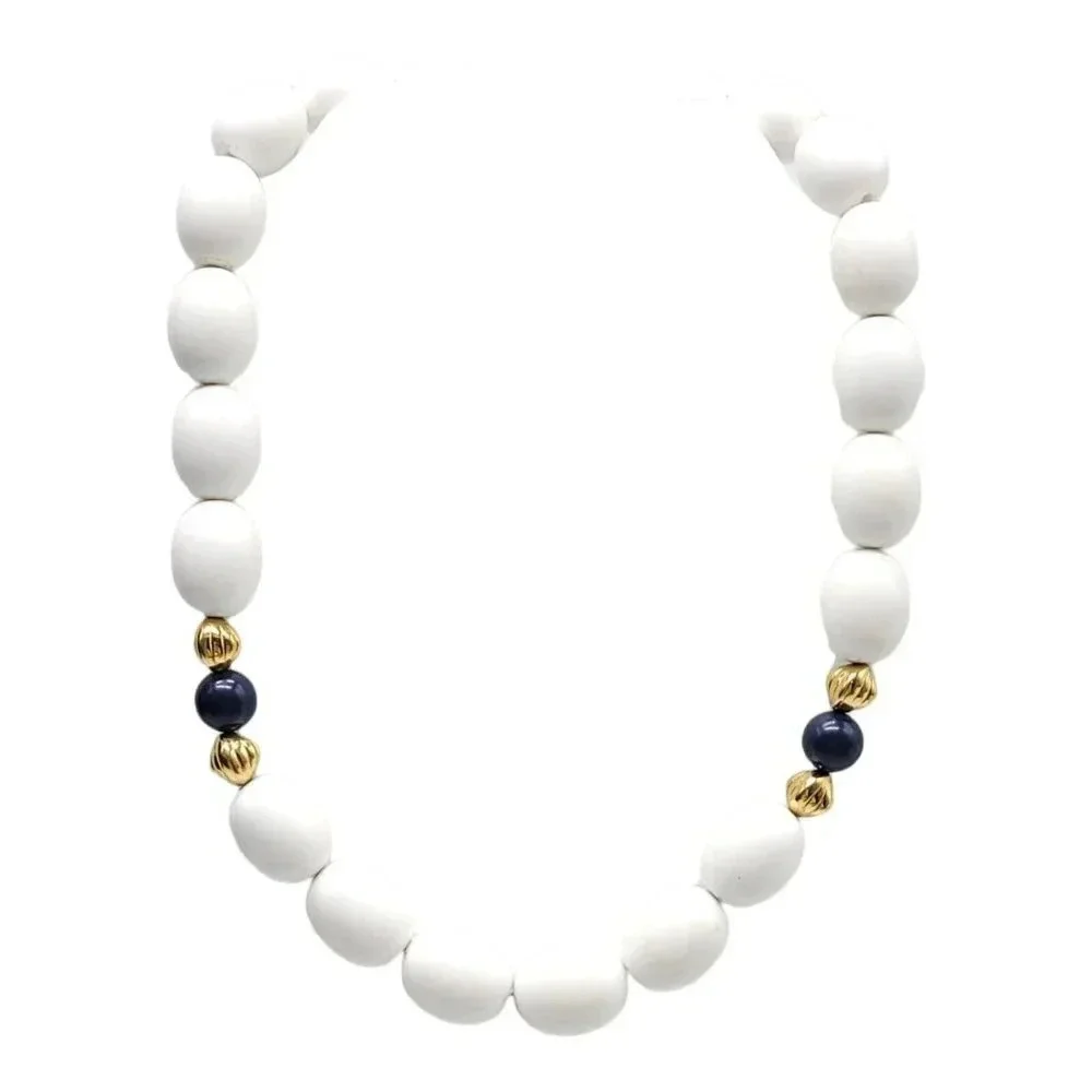 Monet White Blue Lucite Gold Tone Bead Beaded Choker Necklace 17